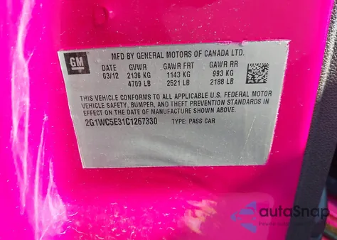 2012 Chevrolet Impala Ltz from USA, damaged, VIN 2G1WC5E31C1267330